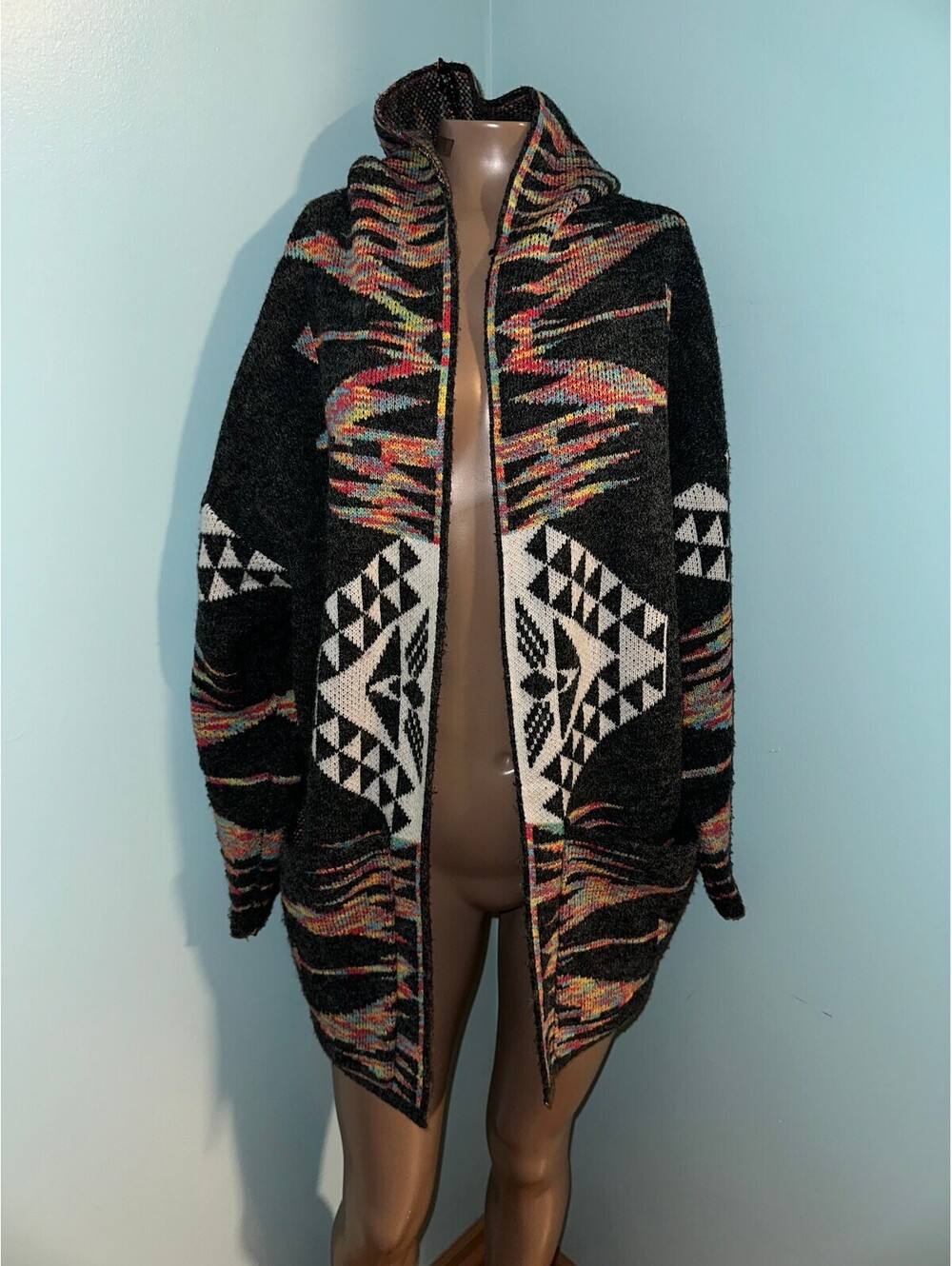 Handmade VTG SW/Aztec Hooded Cardigan 90s Women's Gray L